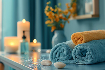 Serene Spa Setting with Candles, Towels, and Flowers