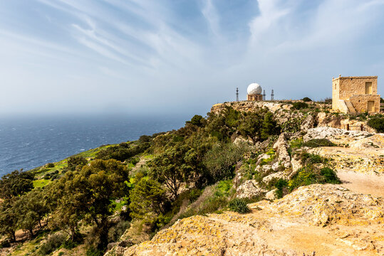 Dingli cliffs and observatory Radar il Ballun. Sunset. Malta