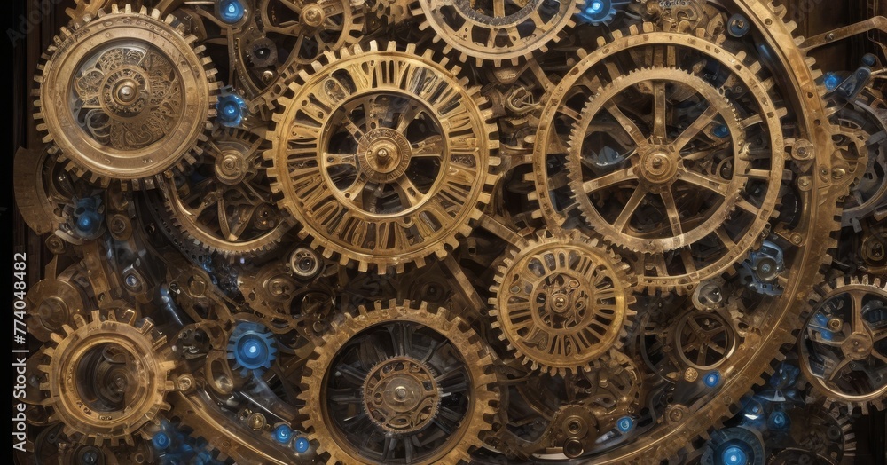 Poster this image captures an array of brass gears and blue jewels within a machinery ensemble. it exemplif