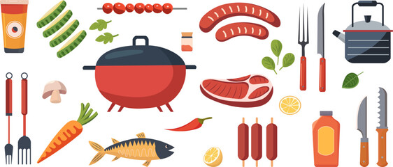 barbecue grill set in flat style on white background vector