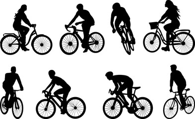 set of people riding bicycles silhouette on white background vector