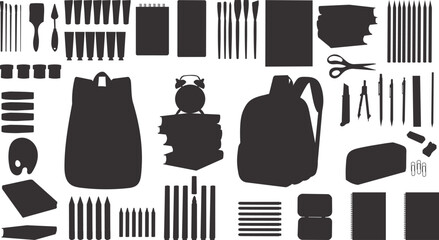 schoolchild set, backpacks, books, pencils silhouette on white background vector