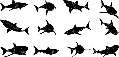 set of shark silhouette on white background vector
