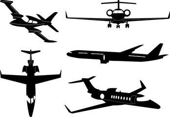set of airplanes from different angles silhouette on a white background vector - obrazy, fototapety, plakaty