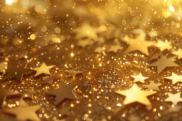Gold defocused glitter background with golden stars