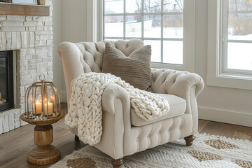 Cozy Winter Interior with Elegant Armchair by Fireplace