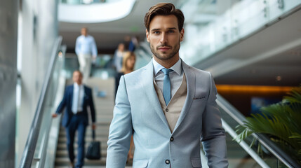 A businessman manager wearing a suit at the modern office, with teammate background.