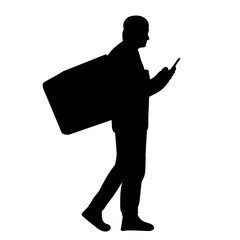 male courier with phone silhouette on white background vector