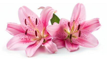 A pair of pink lilies on a white background. Isolated