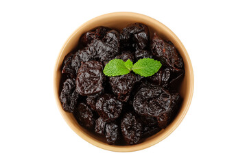 Dried plum in ceramic bowl isolated on a white background top view