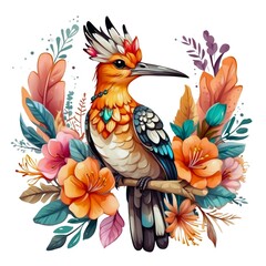 Watercolor illustration portrait of a cute adorable hoopoe bird animal with flowers on isolated white background.	
