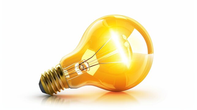 A real-life photo image of a tungsten light bulb shining yellow on a white background in a realistic style