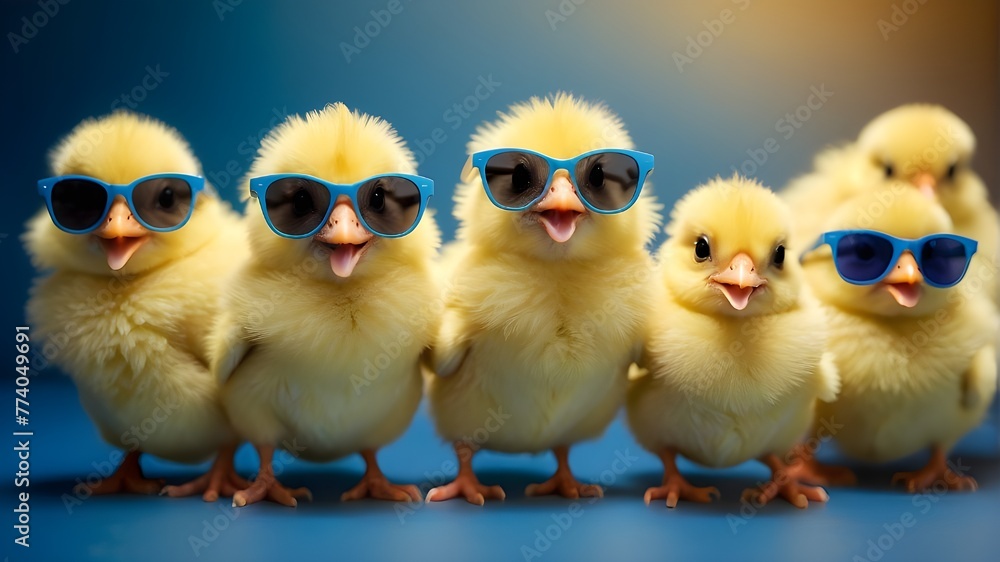 Wall mural Curly yellow chicks with blue sunglasses are energetically hopping around on a studio blue background. The chicks are fluffy and vibrant, their feathers catching the light in a playful manner. The blu