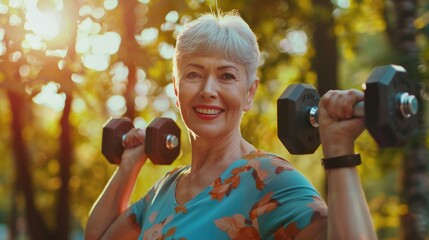 Smiling mature woman on fresh air with dumbbells. Sporty woman strengthening muscles and bones with slight exercises. - obrazy, fototapety, plakaty