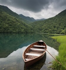 Obraz premium A solitary wooden rowboat is tethered along the verdant shore of a tranquil lake, reflecting the overcast sky. The surrounding lush hills envelop the scene in a peaceful embrace. AI generation