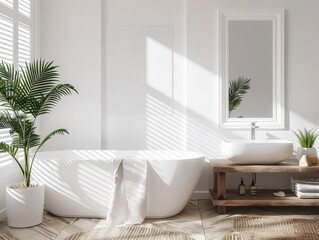 Poster frame mockup in white cozy bathroom interior background