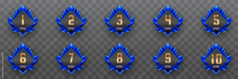 Poster blue and gold themed game gui level up badges for game ui designs