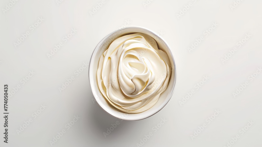 Poster view from the top of a bowl of cream on a white background