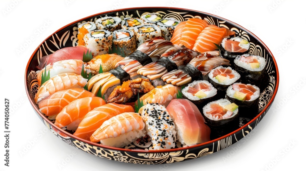 Poster a plate of sushi is isolated on a white background. it shows sushi set on a round plate.