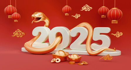 Snake is a symbol of the 2025 Chinese New Year. 3d render illustration of Snake writhing around the numbers 2025, gold ingot Yuan Bao, chinese lantern, coins. Zodiac Sign Snake, concept lunar calendar - 774050653