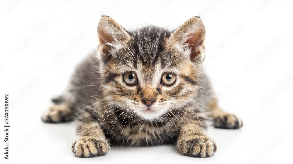 Wall mural scottish kitten with its eyes fixed on the camera. isolated on a white background.