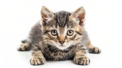 Scottish kitten with its eyes fixed on the camera. Isolated on a white background.