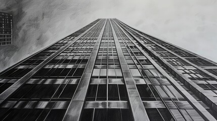 Charcoal pencil drawing, skyscraper, architecture style , grey background, copy and text space, 16:9