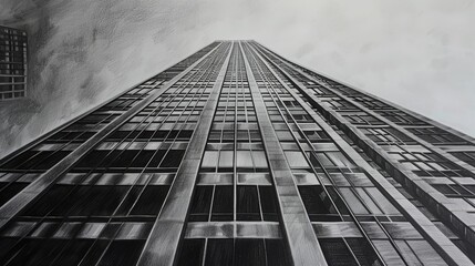 Fototapeta premium Charcoal pencil drawing, skyscraper, architecture style , grey background, copy and text space, 16:9