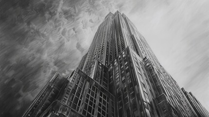 Charcoal pencil drawing, skyscraper, architecture style , grey background, copy and text space, 16:9 - obrazy, fototapety, plakaty
