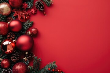 Top view template, mockup on a festive background of fir tree and red toy balls.