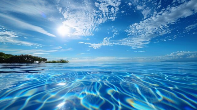 summer, sun, swimming pool, infinity pool, blue water, blue sky, few clouds, holidays, hotel, calm down, copy and text space, 16:9