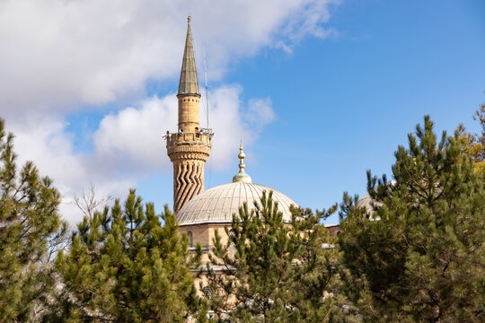 View from the outside of Afyonkarahisar Imaret Mosque. Dark clouds on a cloudy day