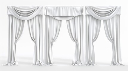 Decoration ideas, set collection, isolated 3D rendering of luxurious white silk velvet curtains