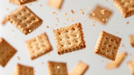 White background with floating biscuits.