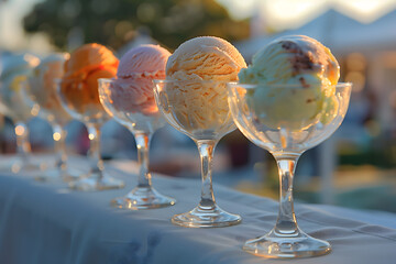 Cocktail glasses filled with ice cream standing on a table at summertime