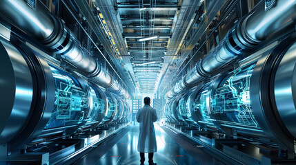 Scientists stand in a laboratory with large futuristic machines.