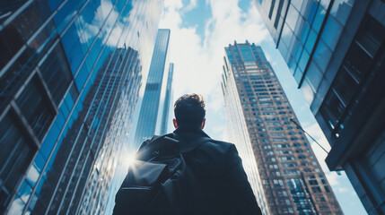 Fototapeta premium A businessman person in front of a modern office building at the city.