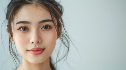 A beautiful young Asian woman looks confident. Attractive beautiful girl with beautiful skin and body. Glamour woman gets natural makeup to look beautiful. Portrait attractive young Asia woman. Copy