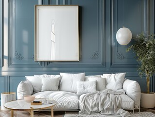 Frame mockup in blue interior background with sofa
