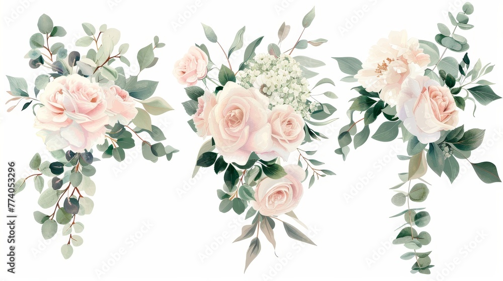 Poster Rose and sage greenery bouquets, ivory peonies, hydrangea, ranunculus flowers, eucalyptus leaves, and leaves of eucalyptus in pastel pastel watercolor style. All elements are isolated and editable.