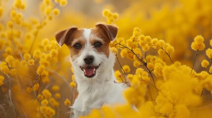 Small dog in the colors of lavender, breed Jack Russell terrier. yellow flowers field
