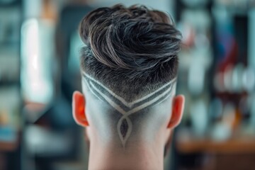 Close-up of a man's undercut hairstyle featuring a creative shaved pattern in a modern barber shop setting