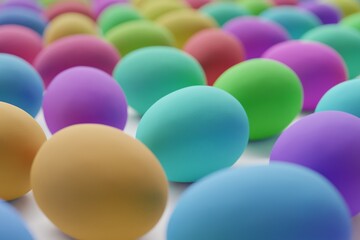 Many colorful eggs on white background. Closeup view, macro shot, selective focuscloseup shot. 3d render, illustration