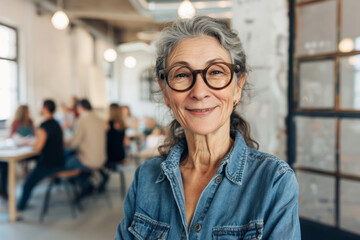 Confident Senior Businesswoman Smiling in Modern Office Space - obrazy, fototapety, plakaty