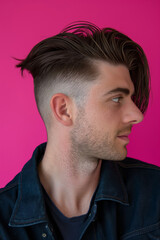 Fototapeta premium Profile view of a trendy undercut hairstyle with a side part on a man against a pink background