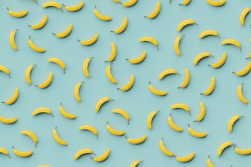 Many bananas on cadet blue background. Top flat view, disorder. 3d render, illustration - obrazy, fototapety, plakaty