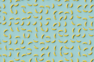 Many bananas on cadet blue background. Top flat view, disorder and grid, diagonal. 3d render, illustration
