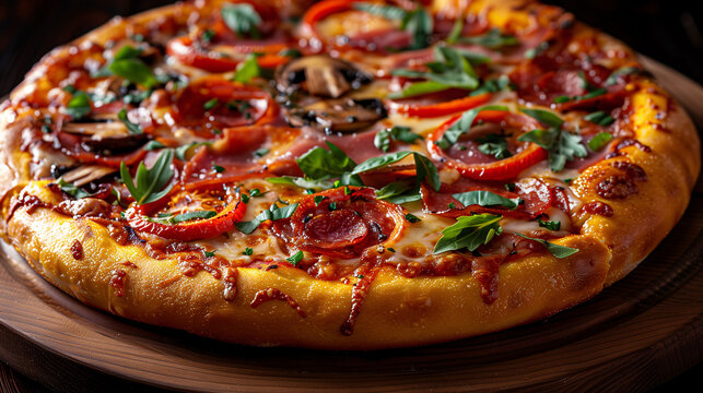 Delicious pepperoni pizza with melted cheese, bell peppers, olives, and fresh basil on a wooden board.