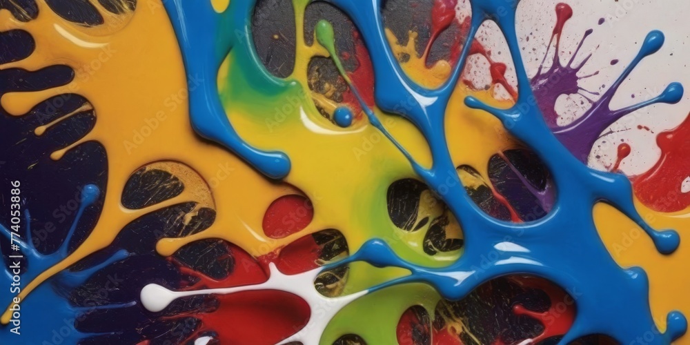 Poster in a chaotic dance, multicolored paint drips create a rhythmic pattern over a deep blue canvas. each