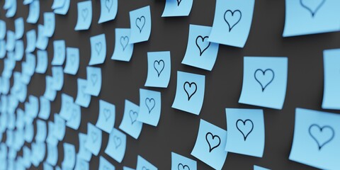 Many blue stickers on black board background with heart symbol drawn on them. Closeup view with...